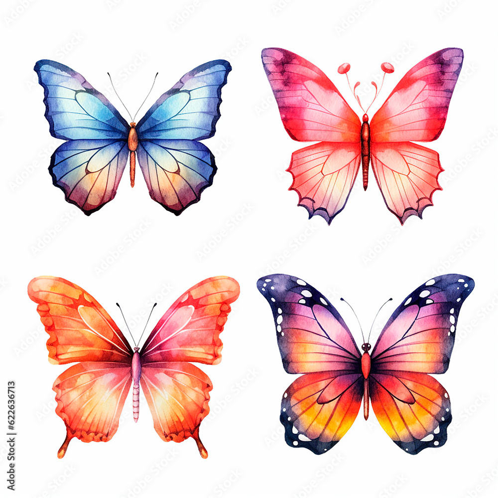 butterfly set watercolor on a white background created with Generative Ai butterfly set watercolor on a white background created with Generative Ai