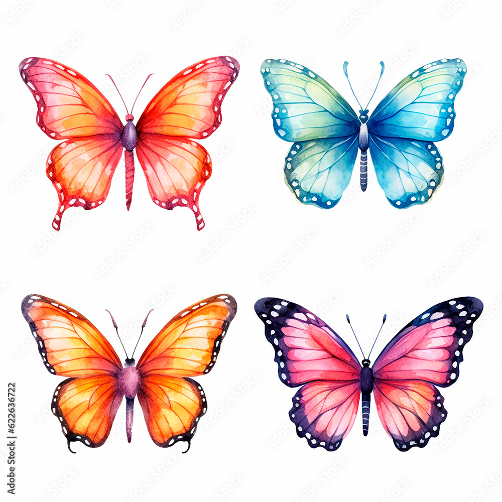 butterfly set watercolor on a white background created with Generative Ai butterfly set watercolor on a white background created with Generative Ai