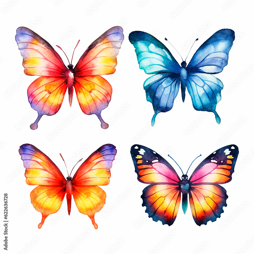 butterfly set watercolor on a white background created with Generative Ai butterfly set watercolor on a white background created with Generative Ai