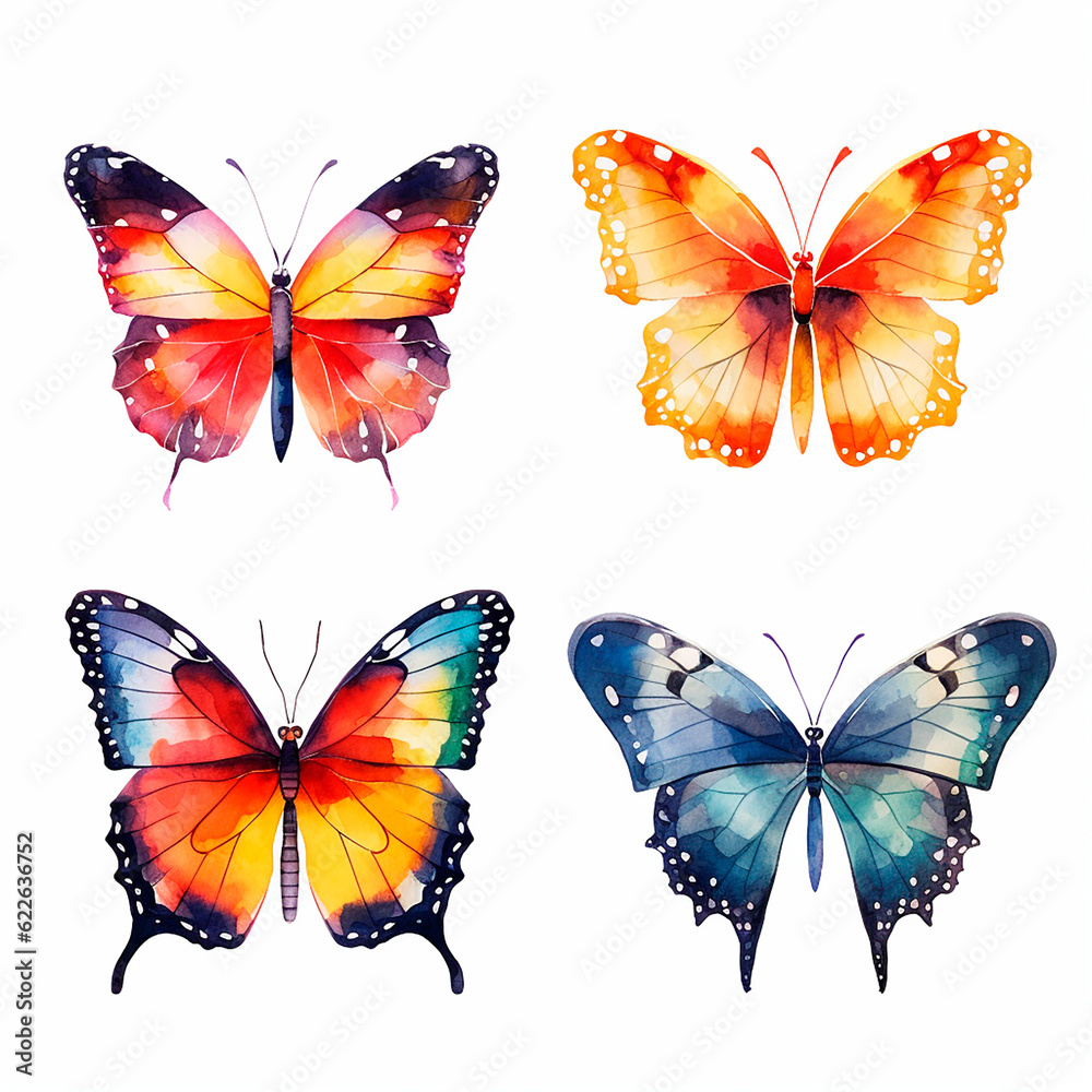 butterfly set watercolor on a white background created with Generative Ai butterfly set watercolor on a white background created with Generative Ai