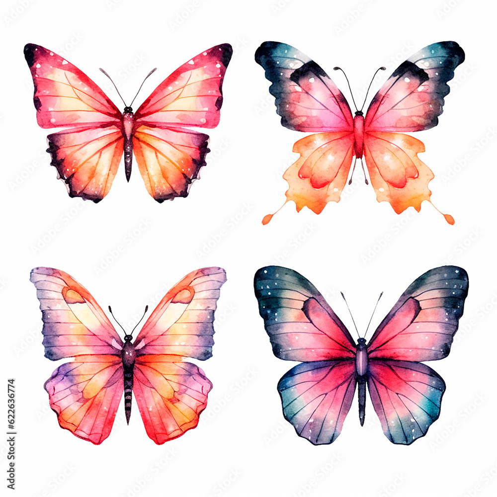 butterfly set watercolor on a white background created with Generative Ai butterfly set watercolor on a white background created with Generative Ai