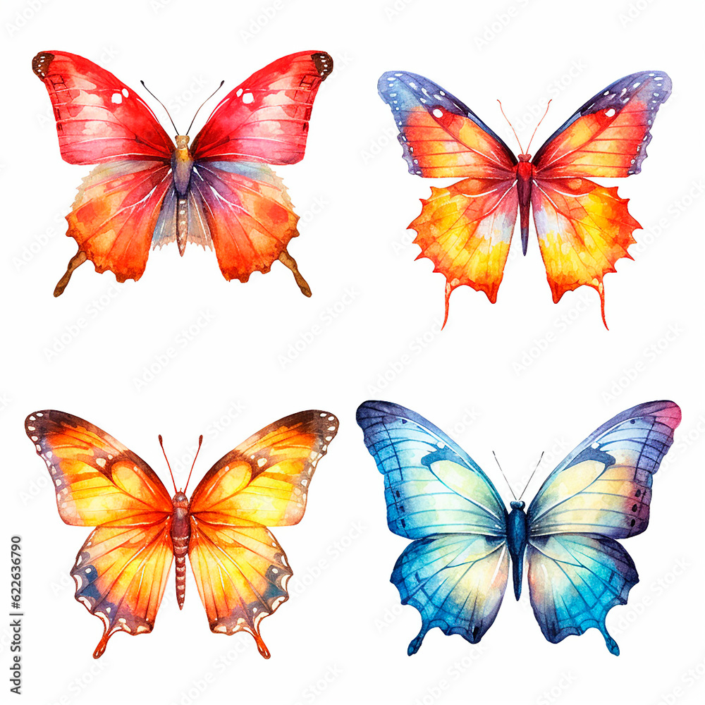butterfly set watercolor on a white background created with Generative Ai butterfly set watercolor on a white background created with Generative Ai