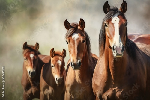 Gentle Equine Ensemble Herd of Horses with Newborn Foal. Generative AI