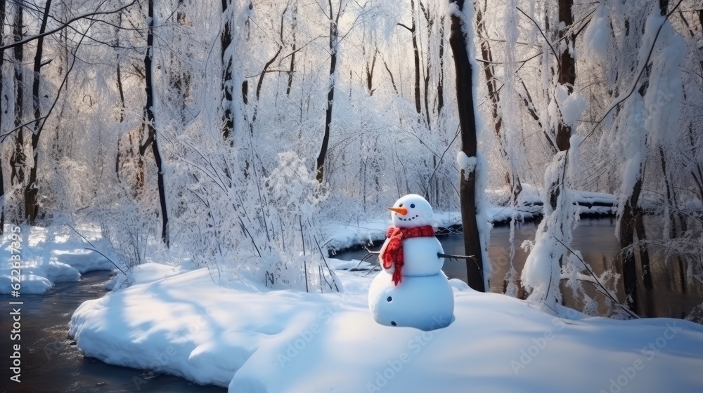 Fototapeta premium Funny snowman in the snowed forest. Generative AI