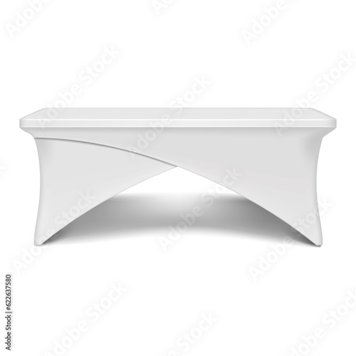 White promotional table with blank stretch cross over cover for brand design realistic vector mockup. Portable exhibition counter mock-up. Trade show display stand template