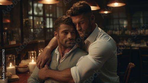 Handsome, muscular gay LGBTQ+ men in a cozy, candlelit restaurant. The dim light sets the perfect mood, casting a soft glow on their chiseled features and strong arms as they hold each other close