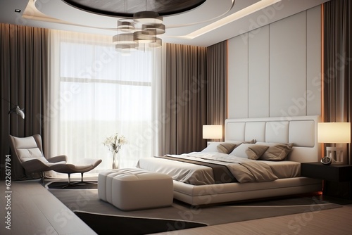Sleek Sophistication Modern Elegant Bedroom Interior Design, Generative AI © Umar