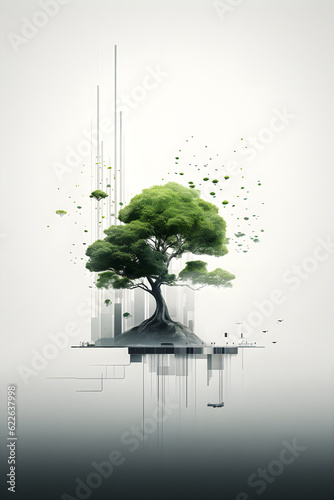 Tree with graphic chart illustration on white background, minimalistic. photo