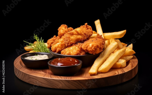 Crispy chicken with sauce and chips fried in wooden plate on reflective cement floor