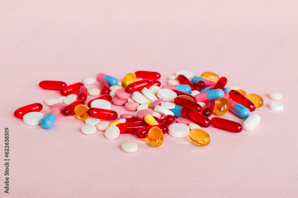 Many different colorful medication and pills perspective view. Set of many pills on colored background