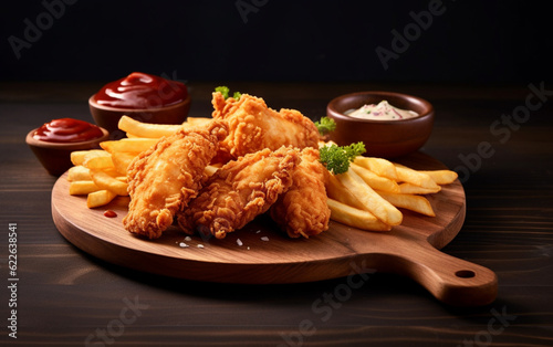 Crispy chicken with sauce and chips fried in wooden plate on reflective cement floor