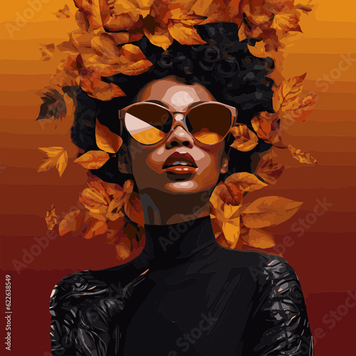 beautiful black wearing sun glasses woman fall vibes poster type style
