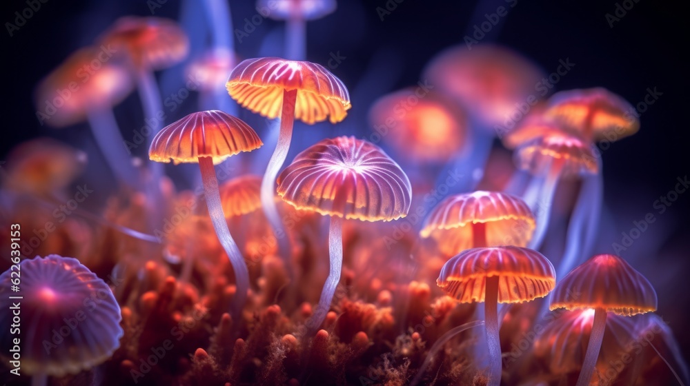 Fototapeta premium Bright light glowing mushrooms. Generative AI 5