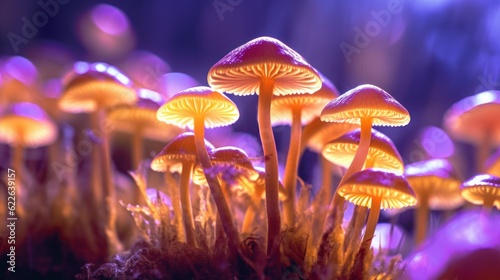 Bright light glowing mushrooms. Generative AI 7