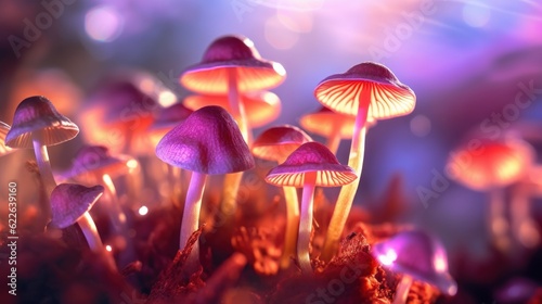 Bright light glowing mushrooms. Generative AI 