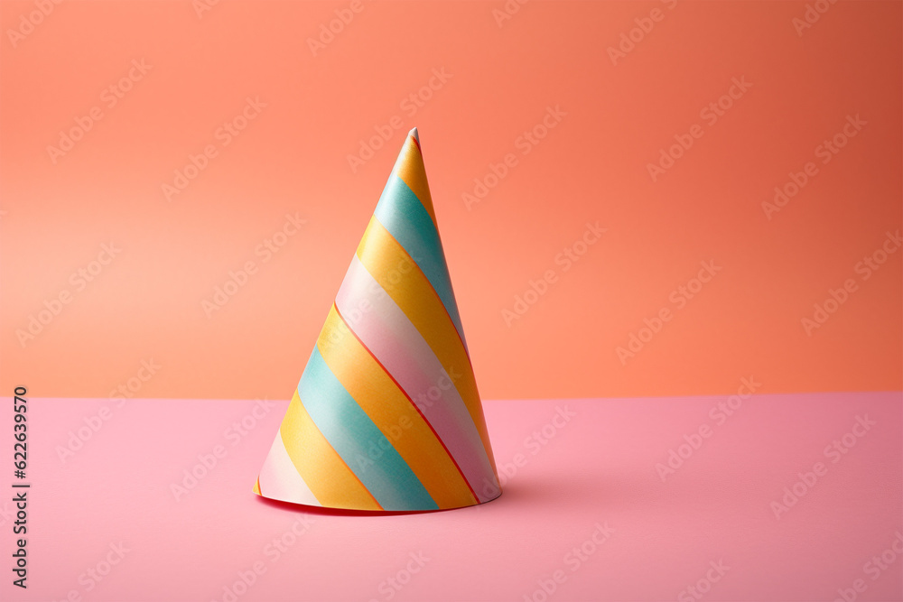 Fototapeta premium Striped paper party hat on pink and orange background