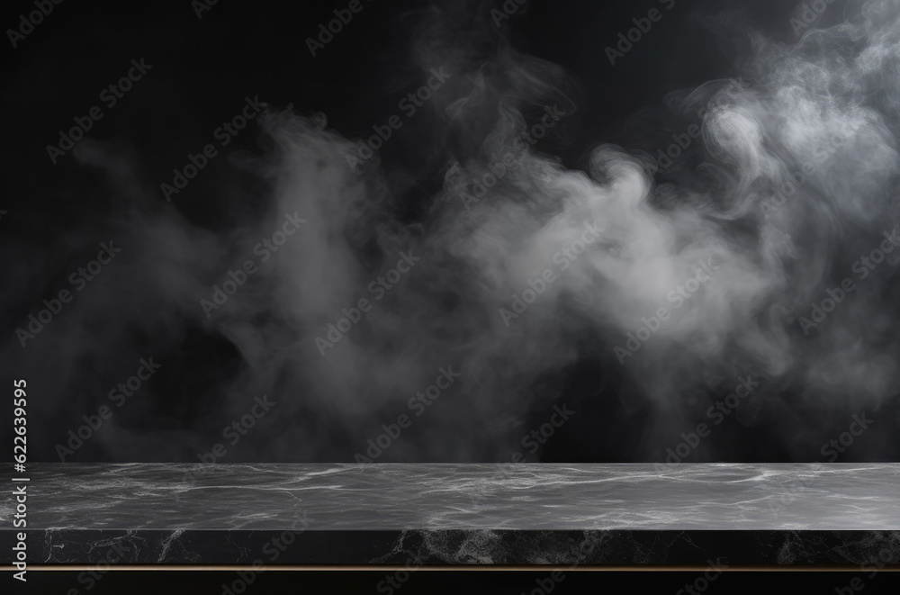 Empty marble countertop with smoke on black background. For product display. High quality photo Empty marble countertop with smoke on black background. For product display. High quality photo