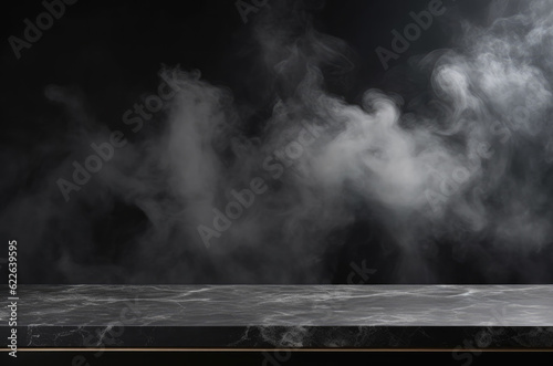Empty marble countertop with smoke on black background. For product display. High quality photo