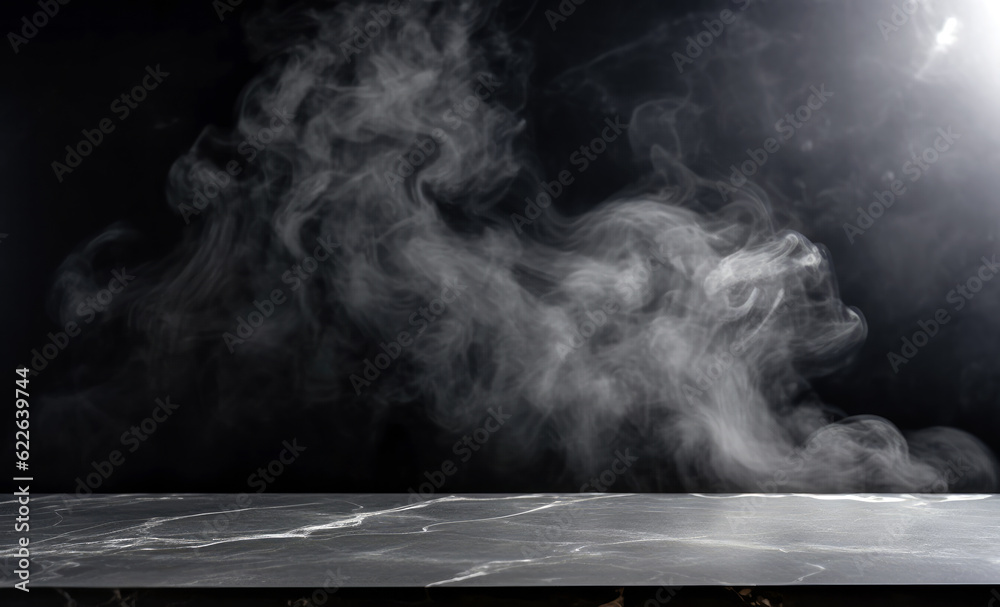 Smoke from incense sticks on a empty black stone table with black background. High quality photo