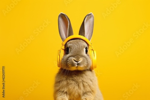 Young brown white Rabbit Listening to Music On Headphones. Yellow Isolated Background. Generate AI. 