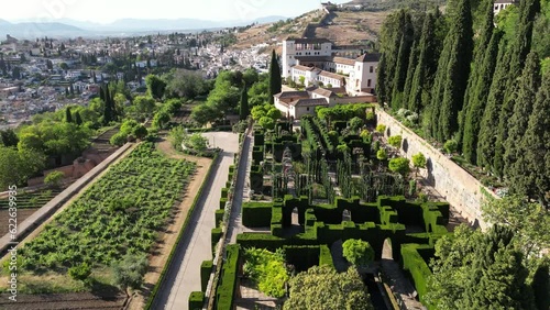 Drone view of Generalife Palace and gardens, Alhambra, Granada, Andalusia, Spain