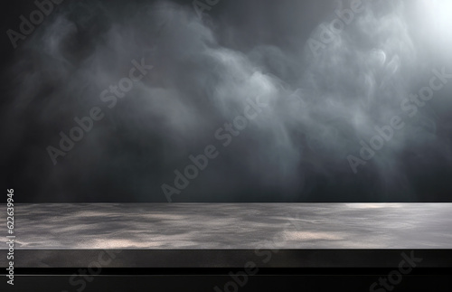 Empty black marble table with smoke on dark background. High quality photo