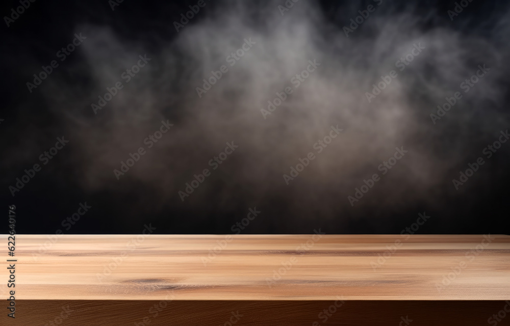 Wooden table and smoke on black background for product display montage. High quality photo Wooden table and smoke on black background for product display montage. High quality photo