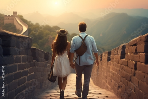 Papier peint Young couple traveling and walking on Great Chinese Wall