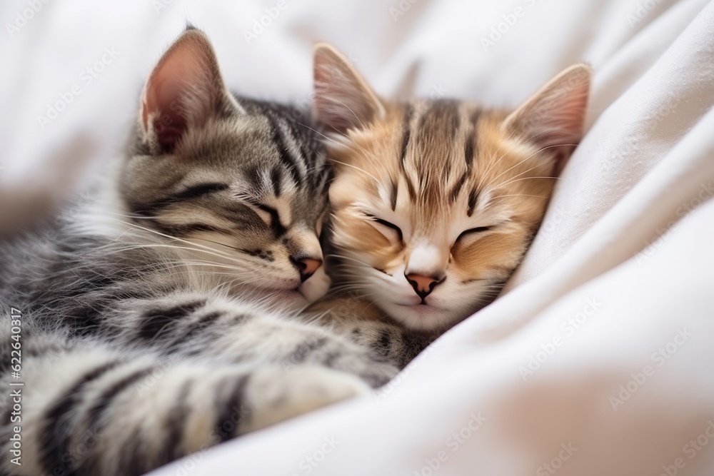 Top view of two small striped domestic kittens hugging and sleeping in the plaid. Generative AI Top view of two small striped domestic kittens hugging and sleeping in the plaid. Generative AI