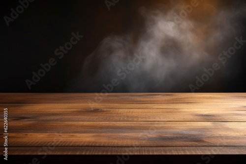 Smoke on a wooden table in front of a black background. High quality photo