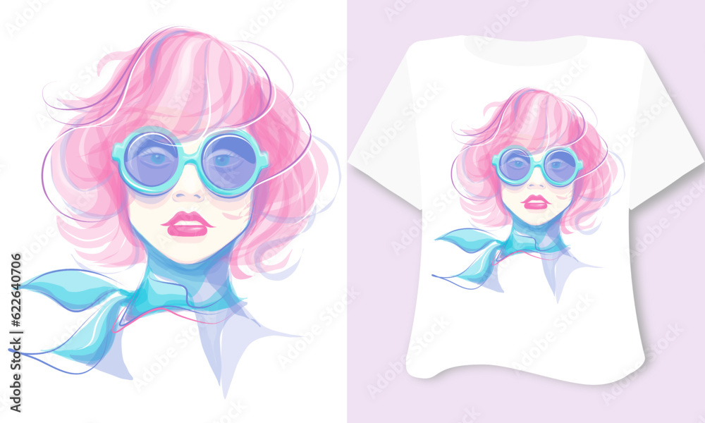 Fashion woman with pink hair Stylish beautiful young woman in blue sunglasses. Vector Sketch. print for t-shirt card, poster, kids illustration, kids room, notepad on pink background 