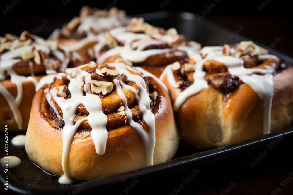 Homemade cinnamon buns in glaze on a dark plate with nuts and sauce, dark background. Generative AI. Homemade cinnamon buns in glaze on a dark plate with nuts and sauce, dark background. Generative AI.