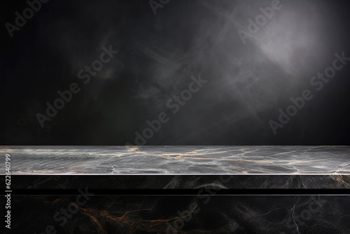 Black marble table top on black background with spotlight. High quality photo © oksa_studio