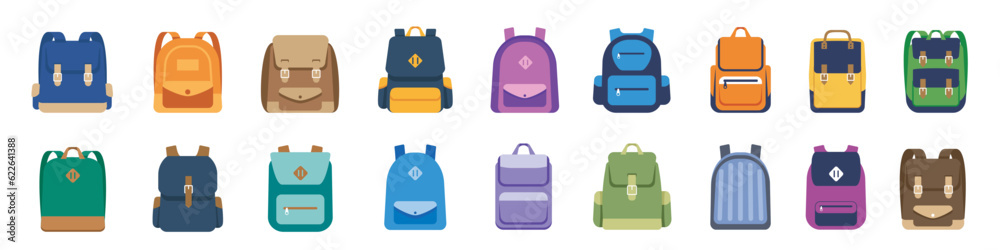 Backpack icon set. School bag sign set. Cartoon style.