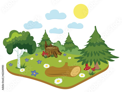 Background Forest glade with trees stump flowers and mushrooms. The sun is shining and the clouds are floating. Vector image.