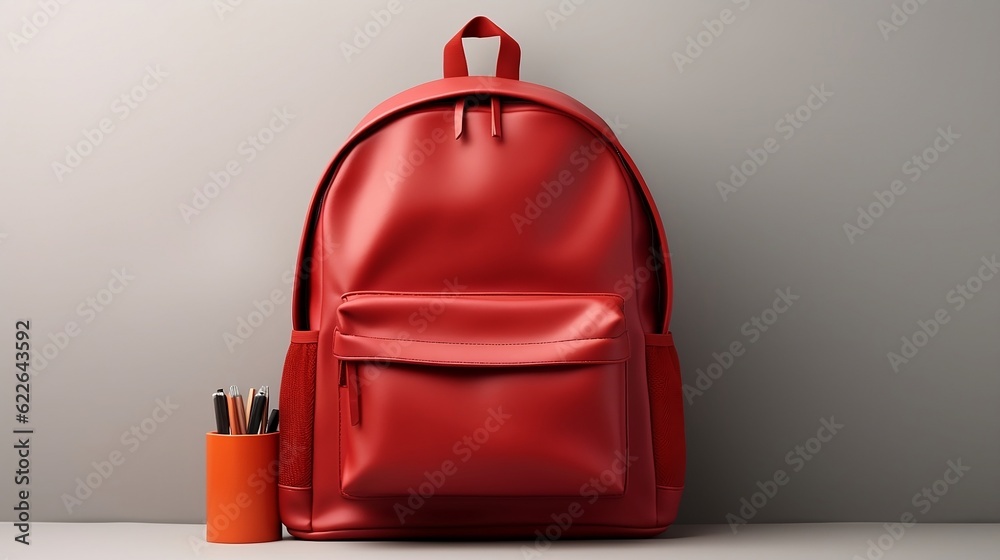 Large red leather school backpack next to pens and pencils isolated on gray background, back to school concept, school supplies, promo banner with copy space - obrazy, fototapety, plakaty 