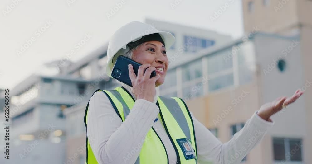 Woman, construction and worker with phone call in city for civil engineering, building industry or site contractor. Happy female architect, manager and talking on smartphone for property development Woman, construction and worker with phone call in city for civil engineering, building industry or site contractor. Happy female architect, manager and talking on smartphone for property development