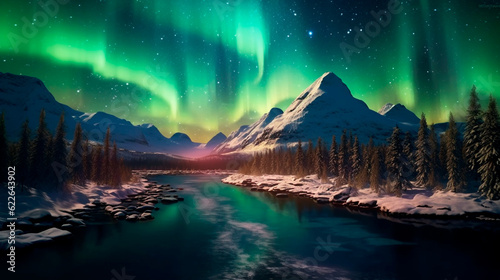 Nature's Celestial Display, Enchanting Northern Lights. Generative AI. © Ramon