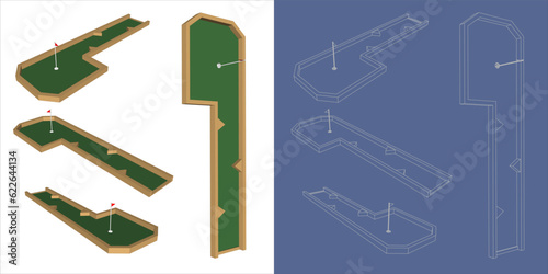 Vector mini golf course 3d illustration wireframe blue print