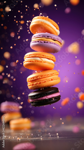 Halloween macaroons levitation. Tasty macaroons in orange, black and purple colors is flying on blurry holiday background with sparkles and bokeh lights.