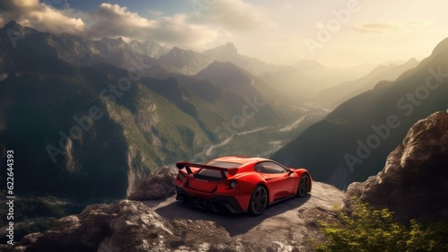 Red sport car on the top of mountain peak © MaVeRa