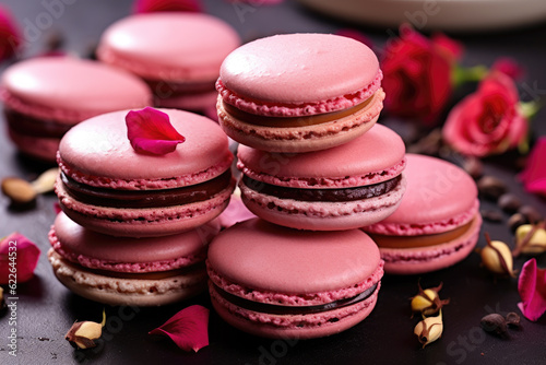 Pink macaroons decorated with rose flowers and petals.