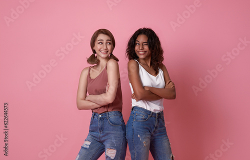 Portrait of two cheerful young women standing crossed arms and looking at together isolated on pink background.