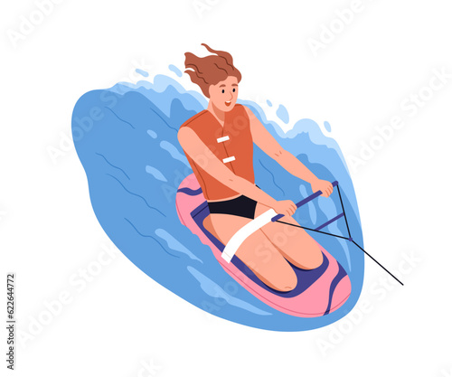 Kneeboarding, water sport. Happy woman riding knee board in sea. Active person kneeling, surfing in ocean. Summer holiday fun, activity. Flat graphic vector illustration isolated on white background