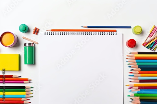 Top view of school supplies on white background. Back to school concept