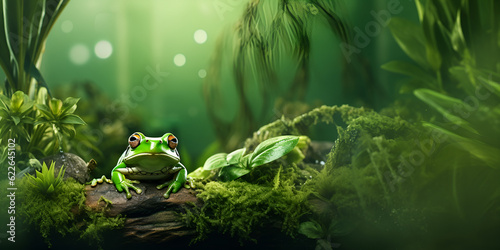 Close-up of a frog sitting on moss, jungle frog, generative Ai