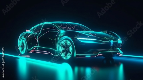Futuristic neon electric car. Generative AI © Kateryna Kordubailo
