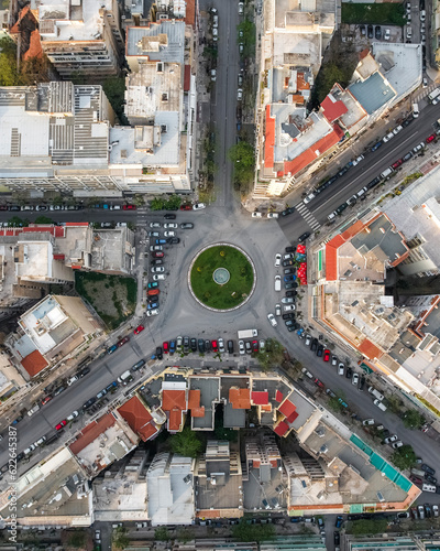 Aerial view of vehicles driving a roundabout in Thessaloniki downtown, Greece. photo