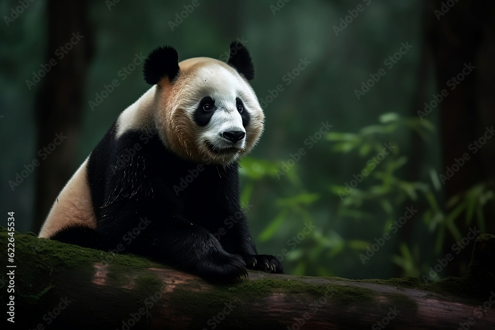 Obraz premium Panda on a tree green boke background. Generative AI