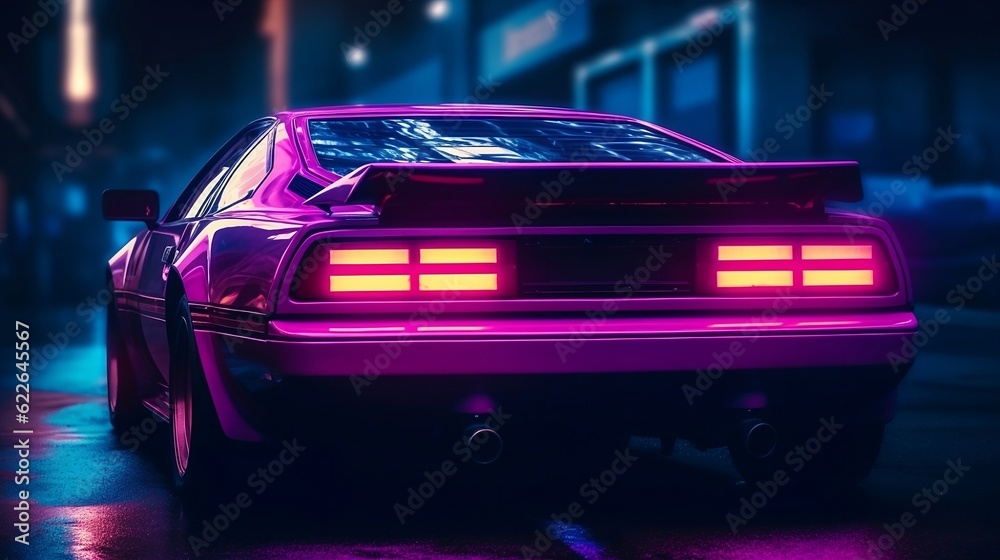 Sports car in purple neon color. Generative AI